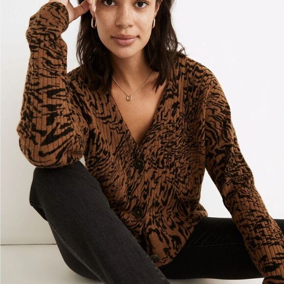 J.Crew Women’s Alpaca Blend Animal Print Button-Down Cardigan Sweater Size S - Picture 1 of 12